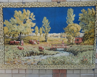 Vintage Country Gobelin 71.5-47" inch. Ranch Tapestry.  Village. Tapestry Landscape. Nature. Saturated Color