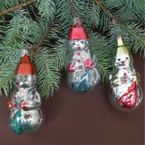 Three Adorable Snowmens. Winter Ornament. Vintage Christmas Tree Glass Ornaments