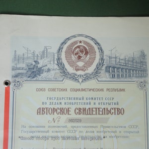 Kommunistisches Patent für eine Erfindung in der Bergbauindustrie. Original Original Diplom Nr. 860529