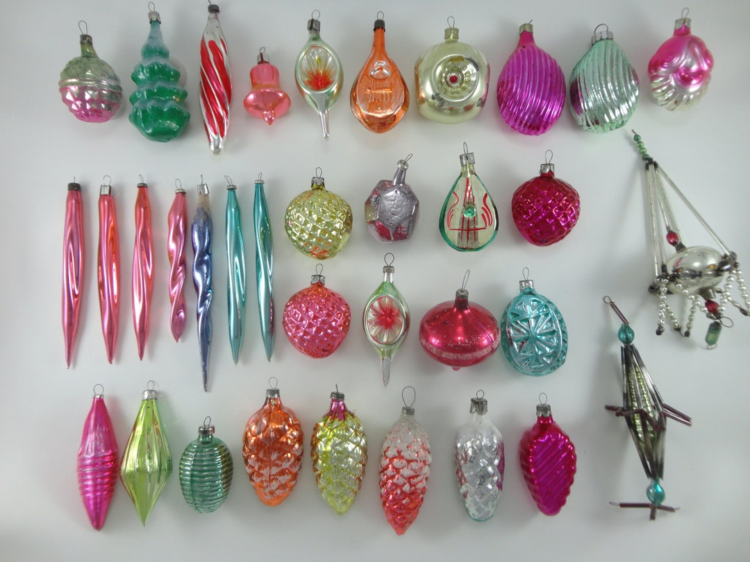 Various Vintage Glass Christmas Tree Decorations. Colorful Icicles