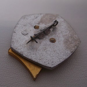 May include: The back of a silver and gold pin with a pin back and a small loop. The pin is shaped like a shield with a rounded top.