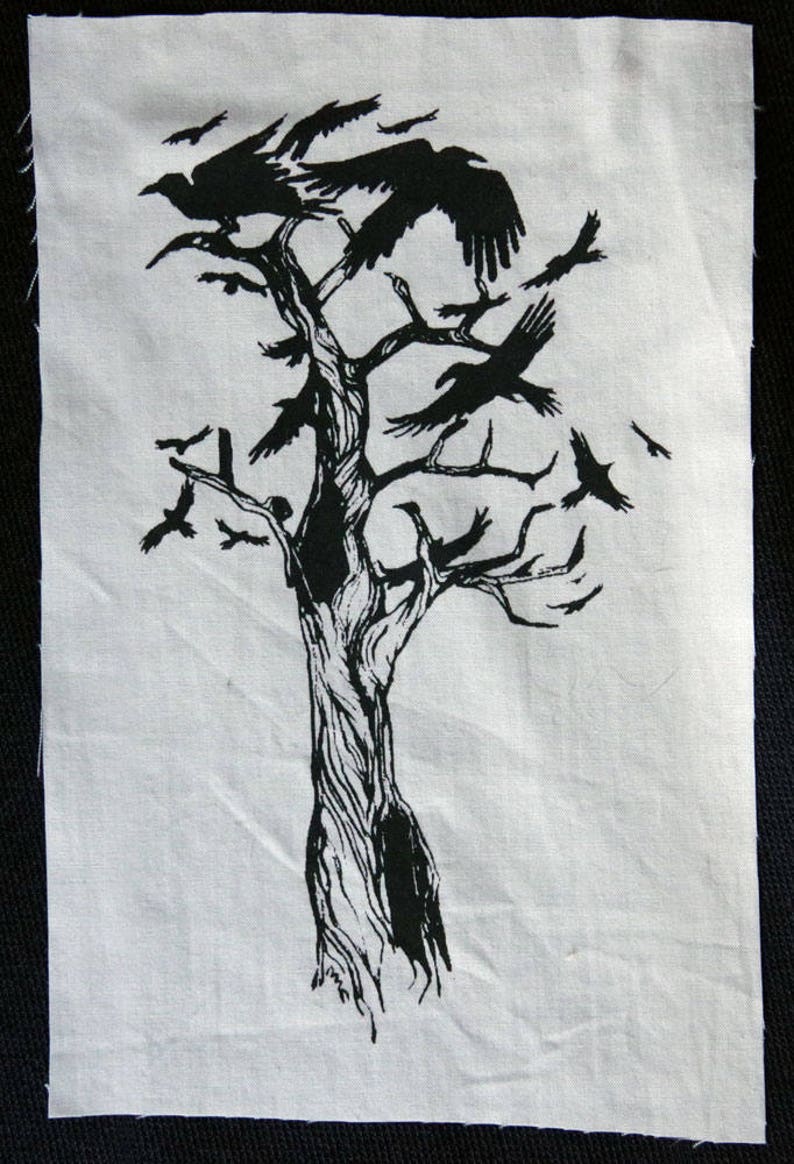 May include: Black and white illustration of a tree with many crows perched on its branches. The tree is drawn in a stylised, almost cartoonish way, with thick, gnarled branches and a textured trunk.