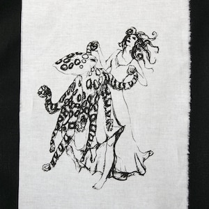 May include: Black and white illustration of a woman dancing with an octopus. The woman is wearing a long dress and has long flowing hair. The octopus has a spotted body and is holding the woman's hand.