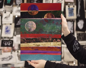Uitzicht op de aarde vanaf de maan, afkomstig van een originele astronomiecollage met een kunstdruk