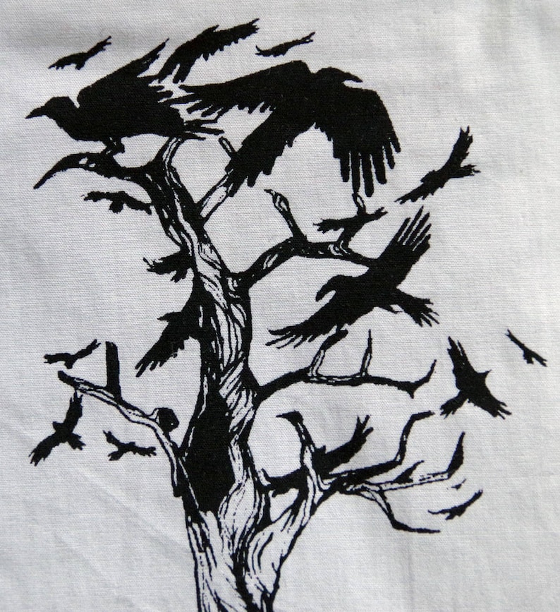 May include: Black and white illustration of a tree with many crows perched on its branches. The crows are flying in different directions, creating a sense of movement and chaos.