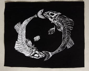 Zeefdruk VIS SKELET Yin en Yang Patch Zwart of Wit Katoen