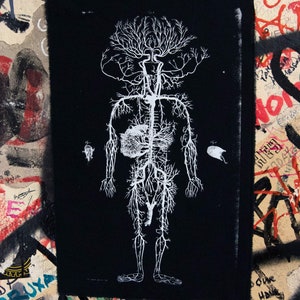 Puede incluir: Una ilustración anatómica en blanco y negro de un cuerpo humano con una estructura arborescente que se ramifica desde la cabeza. La ilustración está impresa sobre un fondo de tela negro.