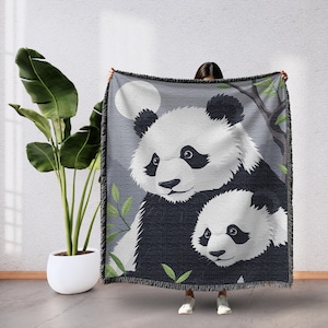Panda Blanket - Woven Cotton Throw with Two Pandas in a Tree and Moon Design, Fringed Edges, 3 Sizes for Cozy, Home Decor