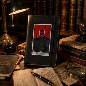 May include: A black notebook featuring a rectangular sticker on the cover. The sticker displays a red-skinned character in a dark uniform, styled like a tarot card with the text THE DEVIL printed in black capital letters at the bottom.