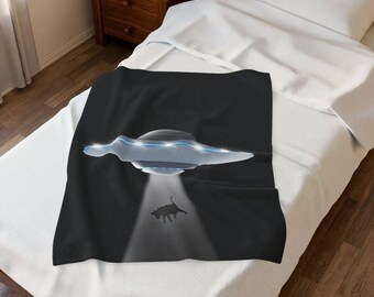Pluche deken van fluweel - UFO-koeienontvoering | Grappige sciencefiction-deken met buitenaardse thema