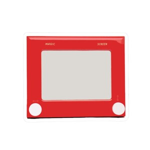 May include: A red Etch-A-Sketch toy with a white screen and two white knobs. The word "MAGIC" is printed above the screen on the left, and "SCREEN" is printed on the right.