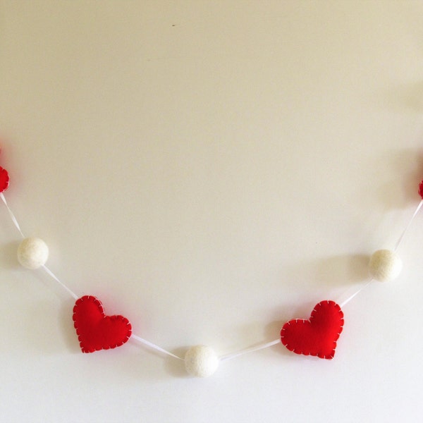 Valentine's day felt heart garland / bunting / banner with white felt balls in red