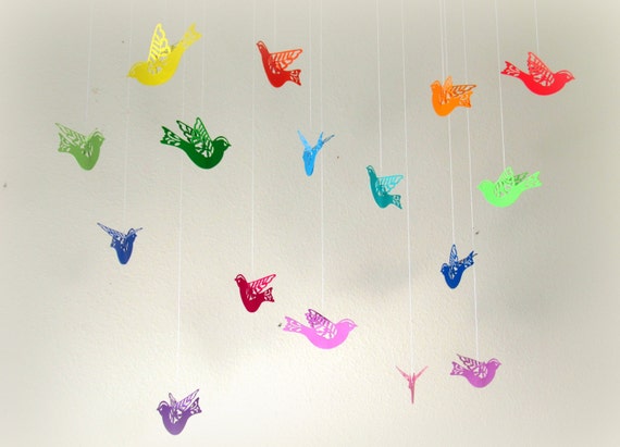 Set Of 16 Rainbow Paper Flying Hanging Birds Room Etsy