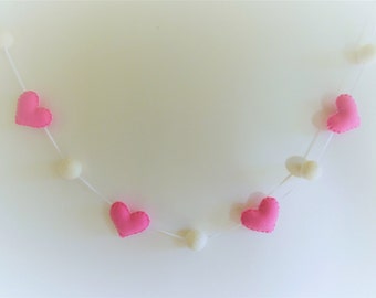 Valentine's day felt heart garland / bunting / banner with felt balls in pink decoration