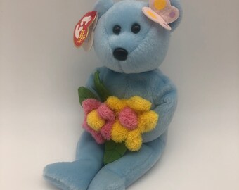 PE Pellets Ty Beanie Babies Bluebonnet blue bear w/ flowers 2005 Mint w/ Tag 