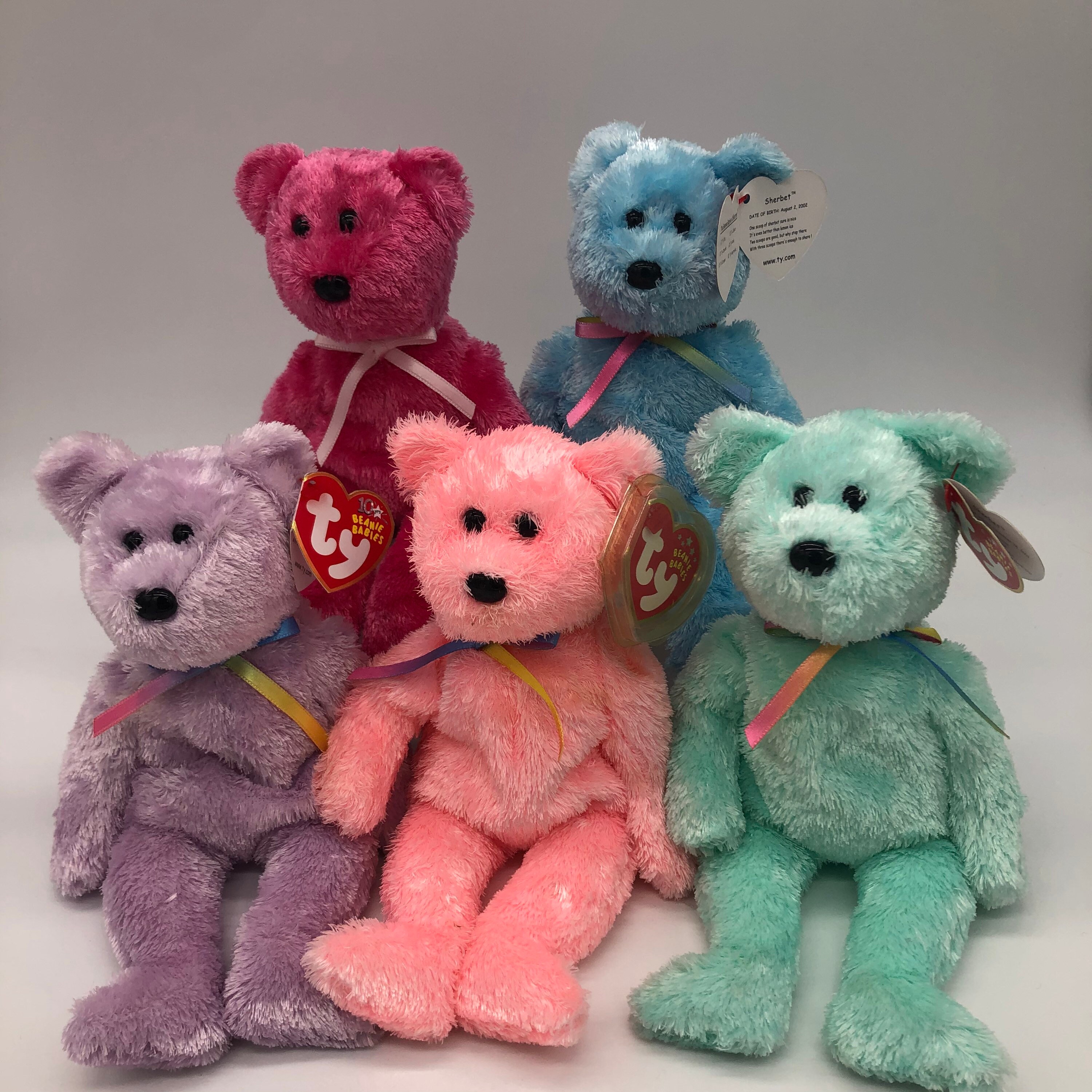 Set of 4 Sherbet Ty Beanie Baby Teddy Bears 2002 Pink Yellow Green 03 Blue MWMT for sale online 