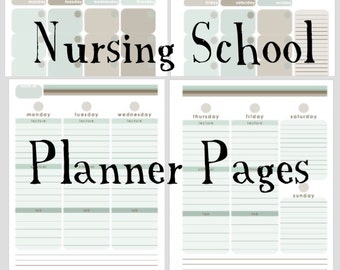 May include: Printable planner pages with a light green and brown color scheme. The text "Nursing School Planner Pages" is in black at the bottom of the page.