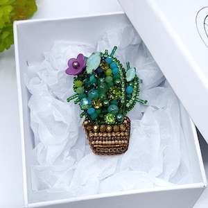 Embroidered Cactus Brooch: Green Beaded Cactus Pin