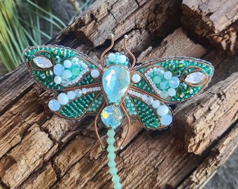 Handmade green Dragonfly, Embroidered Brooch, Personalized Badget, Design Unique Butterfly, Beaded Gift