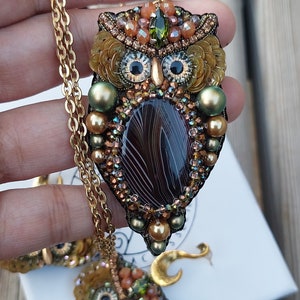 Handmade Owl Brooch, Beaded Brooch,Designer Owl brooch Owl art jewelry, Embroidered crystal beads brooch