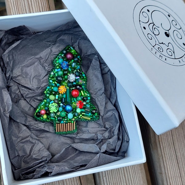 Broche de Navidad bordado, Árbol de diseño, Broche de pino hecho a mano, Pin de Navidad, Regalo de Navidad
