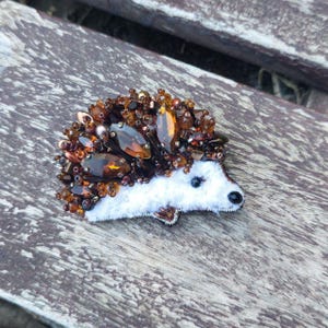 Handmade Beaded Hedgehog Brooch, Brown Crystal Animal Pin,hedgehog jewelry gift
