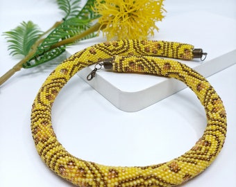 Women Necklace, Beaded Necklace, Bead Crochet Necklace, Beadwork Bangles, Crochet Rope, Jewelry, Seed Bead, Yellow Bangles