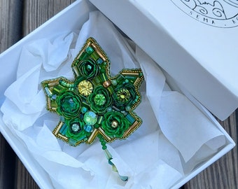 Handmade Leaf Brooch,Green Yellow Leaf Pin,Embroidered Leaf,Beaded Leaf Rosette,Autumn Leaf