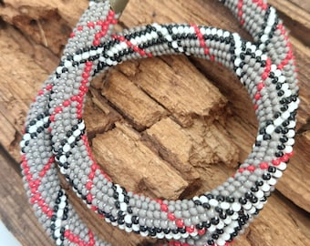 Women Necklace, Beaded Necklace, Bead Crochet Necklace, Beadwork Bangles, Crochet Rope, Jewelry, Seed Bead, Gray Bangles