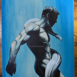 May include: A painting on a rectangular canvas featuring a muscular figure in profile against a bright blue background. A white snake is draped over the figure's shoulders. The text @LIFEBYDAVIDSTEPHENS is visible, and the artist signature STEPHENS 26 is at the bottom.