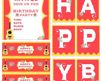 DIGITAL Birthday Party Guitar Spanish Latin Instant Download Invitation Banner Water bottle labels Thank you Tags