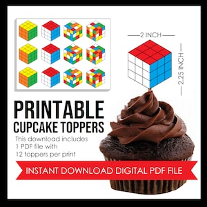 May include: Printable cupcake toppers featuring 12 different designs of a Rubik's cube. Each topper is 2 inches wide and 2.25 inches tall. The download includes 1 PDF file with 12 toppers per print. Instant download digital PDF file.