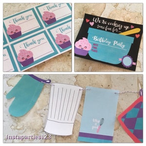 May include: A set of printable party decorations for a birthday party with a baking theme. The decorations include a banner with a chef's hat, a whisk, and a potholder, as well as a cupcake-themed thank you tag and a birthday invitation that says "We're cooking up some fun for... Birthday Party".