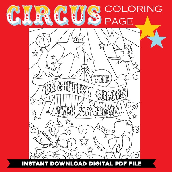 DIGITAL Circus Color Page Instant Download PDF file Greatest Show Big Top Brightest Colors Coloring Birthday Party Kids Craft Game Activity