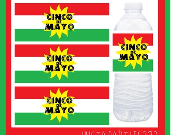 DIGITAL Cinco De Mayo Mexico Water Bottle labels Instant Download Latin Mexican Party Celebration Drink Labels Napkin Rings Mexico Flag