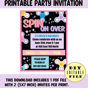 Printable Fidget Spinner Party Invitation DIY Editable DIGITAL Instant Download PDF file Toy Spin Game Sensory Birthday Invite