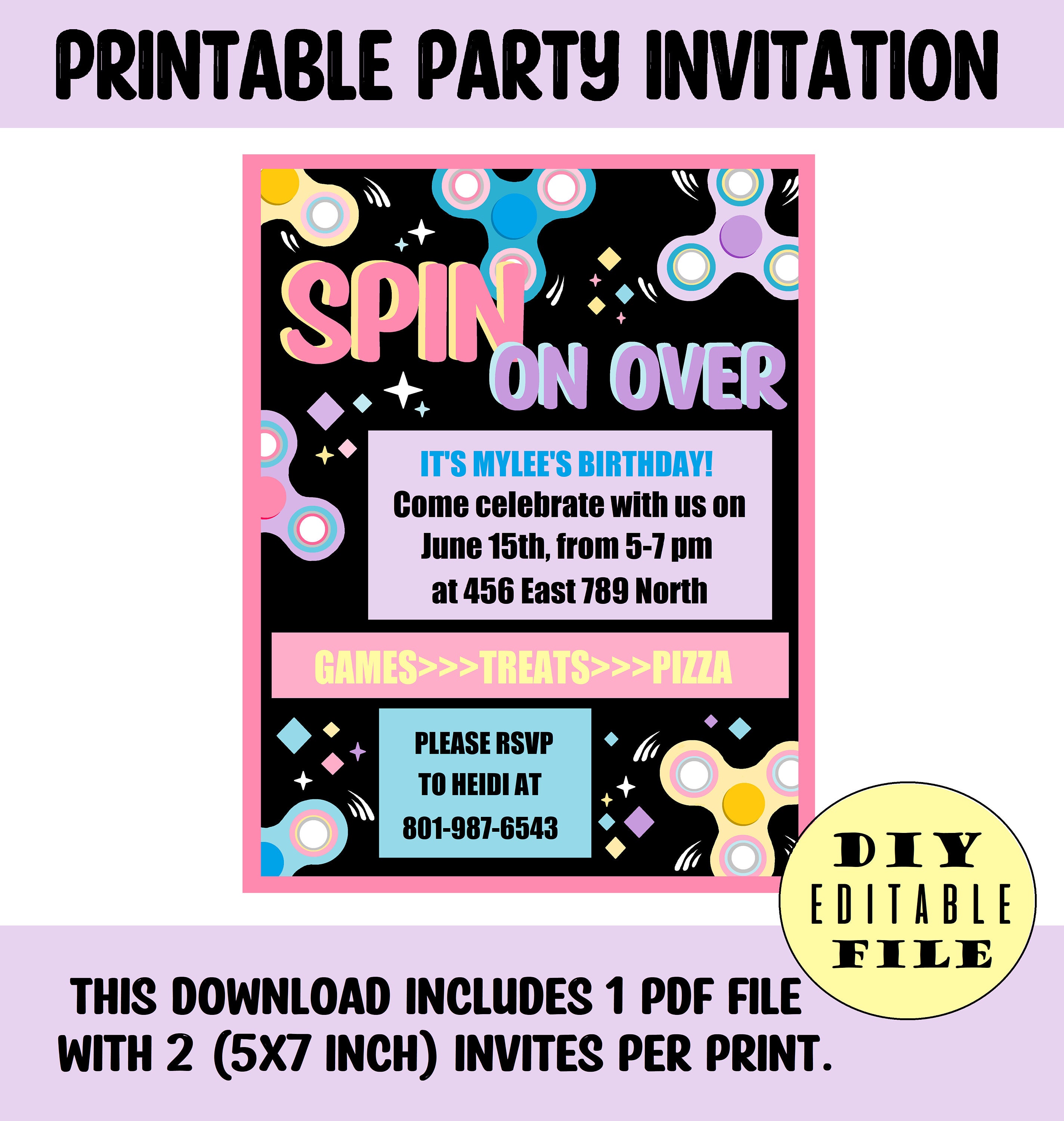 Printable Fidget Spinner Party Invitation DIY Editable DIGITAL | Etsy