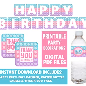 Printable POP IT Party Banner Water Bottle Labels and Thank You Tags Instant Download PDF file Sensory Toys Fidget Birthday