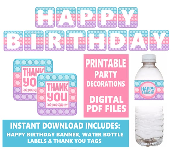 Printable Pop It Fidget Spinner Party Water Bottle Label 