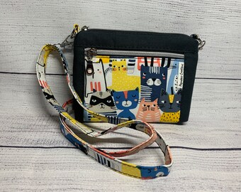 Crossbody/Shoulder Bag with card slots, two zipper pockets, adjustable strap Cats