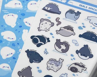 Cute Seal Sticker Sheet – Kawaii Animal Stickers | Different Species Seals | Matte & Glitter Finish | Scrapbook, Journal, Planner