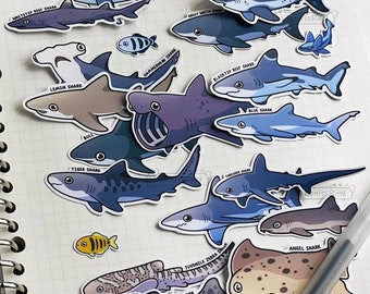 20pc Shark Small Sticker Set |  Handmade | Kawaii Sea Creatures Shark Sticker Waterproof Vinyl Stickers Cute Fish Set