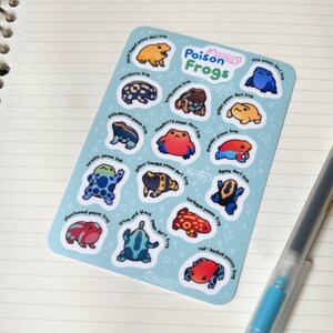 Poison Frogs matte sticker sheet. Contains the following frogs: black-legged poison dart frog, blue poison dart frog, corroboree frog, lovely poison frog, golden poison dart frog, Golfodulcean poison frog, strawberry poison dart frog, granular poison frog, variable poison frog, yellow-banded poison dart frog, harlequin poison frog, dyeing dart frog, phantasmal poison frog, green and black poison dart frog, red-backed poison frog.