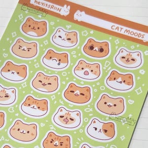 Sticker emote visage de chat mignon | Autocollants de suivi de l'humeur kawaii | Kit Bullet Journal | Stickers Bujo pour agenda | Stickers carnet chat