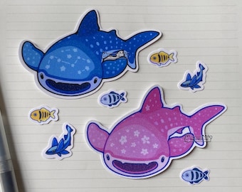 Pegatina de tiburón ballena kawaii: adorable vinilo impermeable para portátil, botella de agua y diario. Diseño duradero de animal marino.