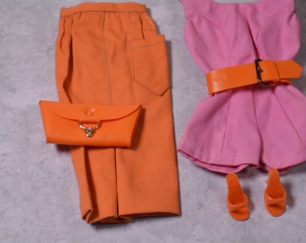 Vintage Barbie Pencil Skirt PAK in Orange and Pink Scoop Neck Pak with matching Belt, shoes and Purse 1962 VGC