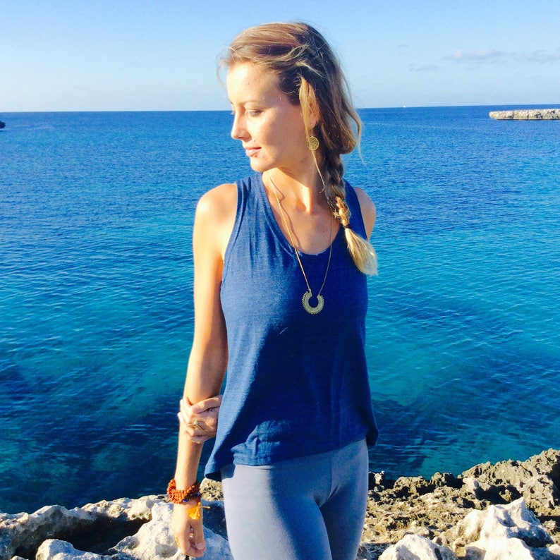 Dance Vest Cotton Vest Top Workout Top Scalloped Back Yoga Vest Blue Cotton Top Denim Blue FEEL FREE Yoga Top Loose Fit Yoga Vest Top