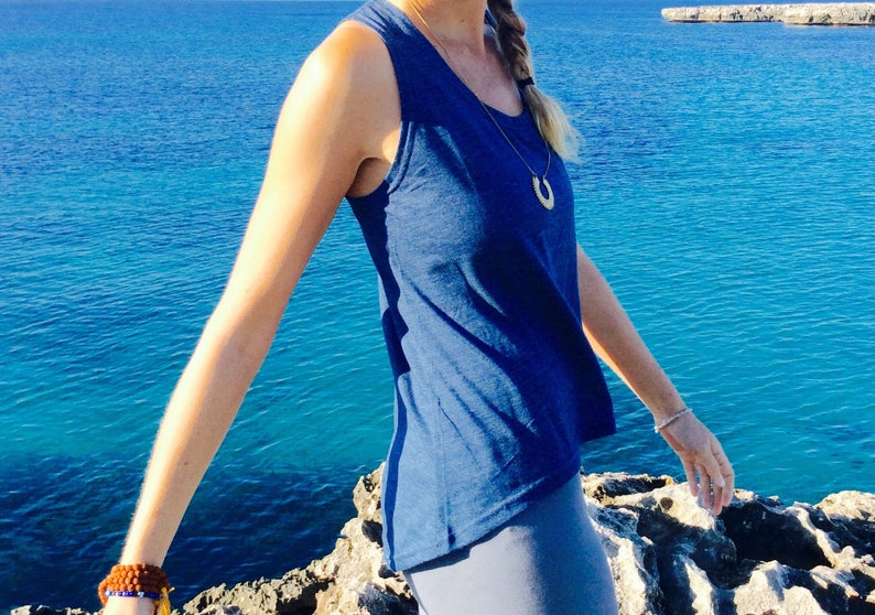 Dance Vest Cotton Vest Top Workout Top Scalloped Back Yoga Vest Blue Cotton Top Denim Blue FEEL FREE Yoga Top Loose Fit Yoga Vest Top