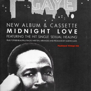 May include: Vintage album cover for Marvin Gaye's "Midnight Love" featuring the hit single "Sexual Healing." The black and white image includes a portrait of Marvin Gaye, the album title, and a cityscape silhouette.
