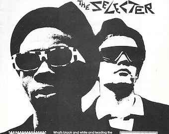 May include: Black and white promotional image for two British ska bands, The Specials and The Selecter. The Specials album cover features a group of men in suits and ties standing in a field. The Selecter album cover features a man in a suit and tie jumping in the air. The text "The Specials" and "The Selecter" are in large, bold letters. The text "Too Much Pressure" is on the Selecter album cover. The text "Chrysalis Records and Tapes" is at the bottom of the image.